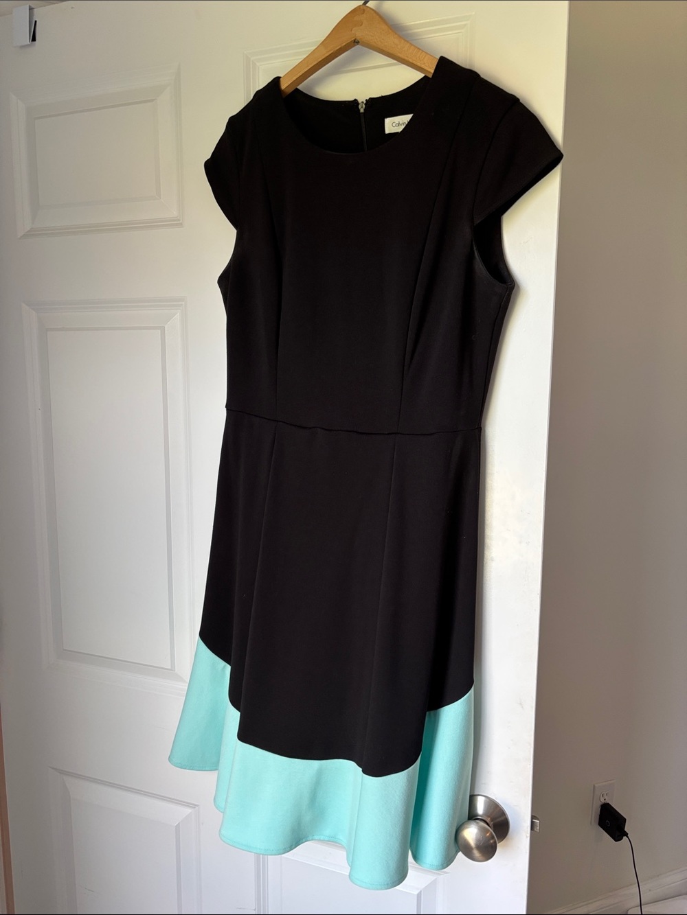 Black and Mint Cap-Sleeve Fit-and-Flare Dress